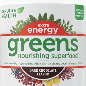 Genuine Health Greens + Extra Energy Superfood Powder, Provides an Immediate Energy Boost & Supports Gut Health, Dark Chocolate Flavor, 30 Servings