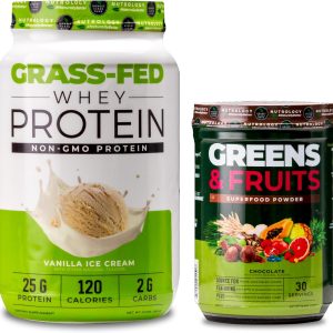 Nutrology Greens & Fruits Powder-Naturally Sourced Superfood, Chocolate (30 Servings) Grass Fed Whey Protein Powder, Vanilla Ice Cream Flavor (28 Servings)