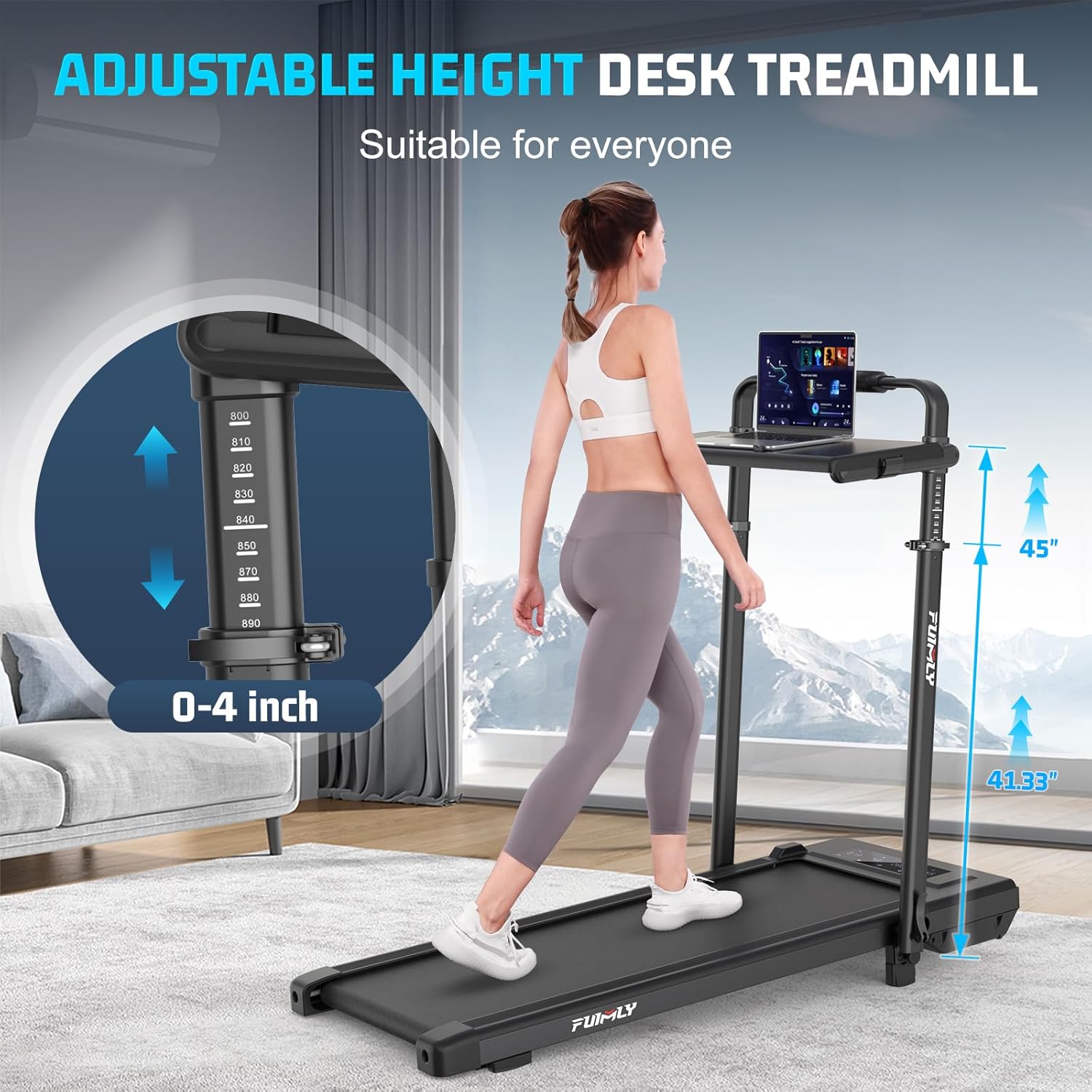 Walking Pad Treadmill with Desk Workstation, Incline Foldable Treadmill with Handrail, 300lbs Capacity, 3 Control Methods, Folding Treadmills for Home Office - Image 3