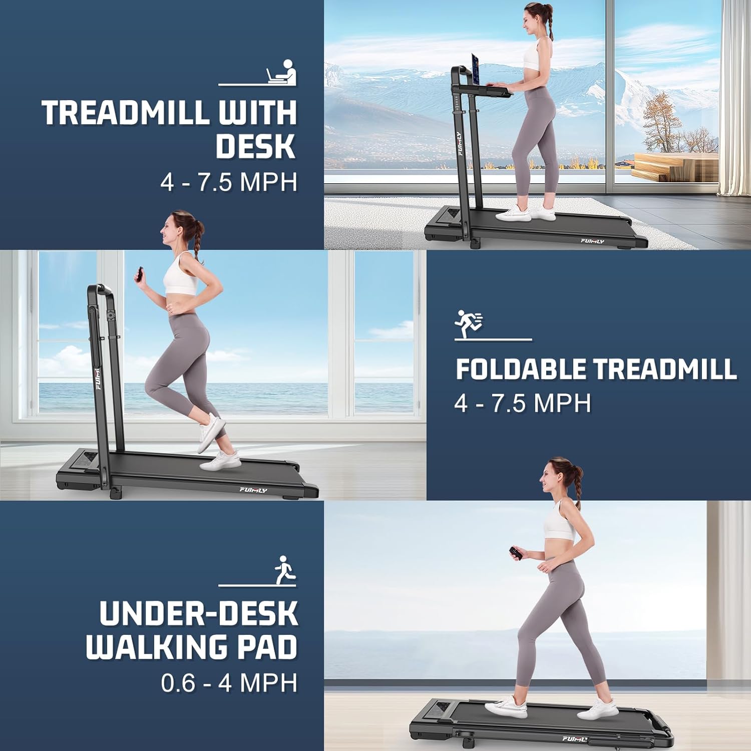 Walking Pad Treadmill with Desk Workstation, Incline Foldable Treadmill with Handrail, 300lbs Capacity, 3 Control Methods, Folding Treadmills for Home Office - Image 7