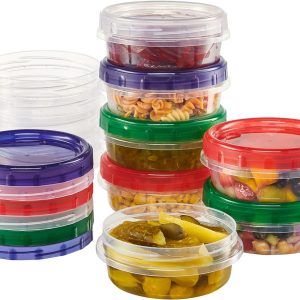 8 ounce Plastic Food Storage Containers with colored Twist Top Lids Reusable Leak Proof Deli Containers for Freezer Storage Meal Prep (12)