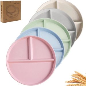 9″ Unbreakable Divided Plates Set of 5, Wheat Straw Plate Reusable Dinnerware Portion Control Plate, Round Bariatric Plastic Plate for Kids Adults, BPA-free, Dishwasher Safe
