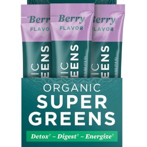 Ancient Nutrition SuperGreens Powder with Probiotics, Organic Berry Flavor Greens, Made from Real Fruits, Vegetables and Herbs, Digestive and Energy Support, 16 Stick Packs, 4.2oz