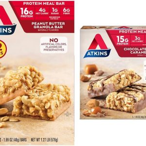 Atkins Peanut Butter Granola Protein Meal Bar, High Fiber, 16g Protein, 1g Sugar, 4g & Chocolate Almond Caramel Bar, Keto-Friendly, Gluten Free with Real Almond Butter, 5 Count