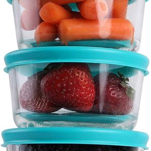 BOVADO USA 1 Cup Glass Round Dish for Storage, Mixing, Serving – Dishwasher, Freezer & Oven Safe Glass, Easy-Clean, Clear with Green Lids, Pack of 6 Containers