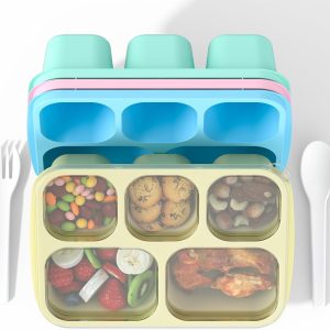 Bento Box Adult Lunch Box – 4 Pack, 5-Compartment Meal Prep Container for Kids, Stackable Snack Containers for School and Travel Lunch, Microwave Safe (PP(Yellow/Blue/Pink/Green))