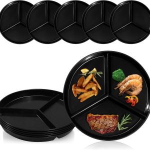 DLF. DONGLINFENG Round Compartmentalized Dinner Plates 9.6-Inch Black Portion Control Wheat Plastic Dinner Plates (Party Plates/Picnic Plates) Set Of 8…