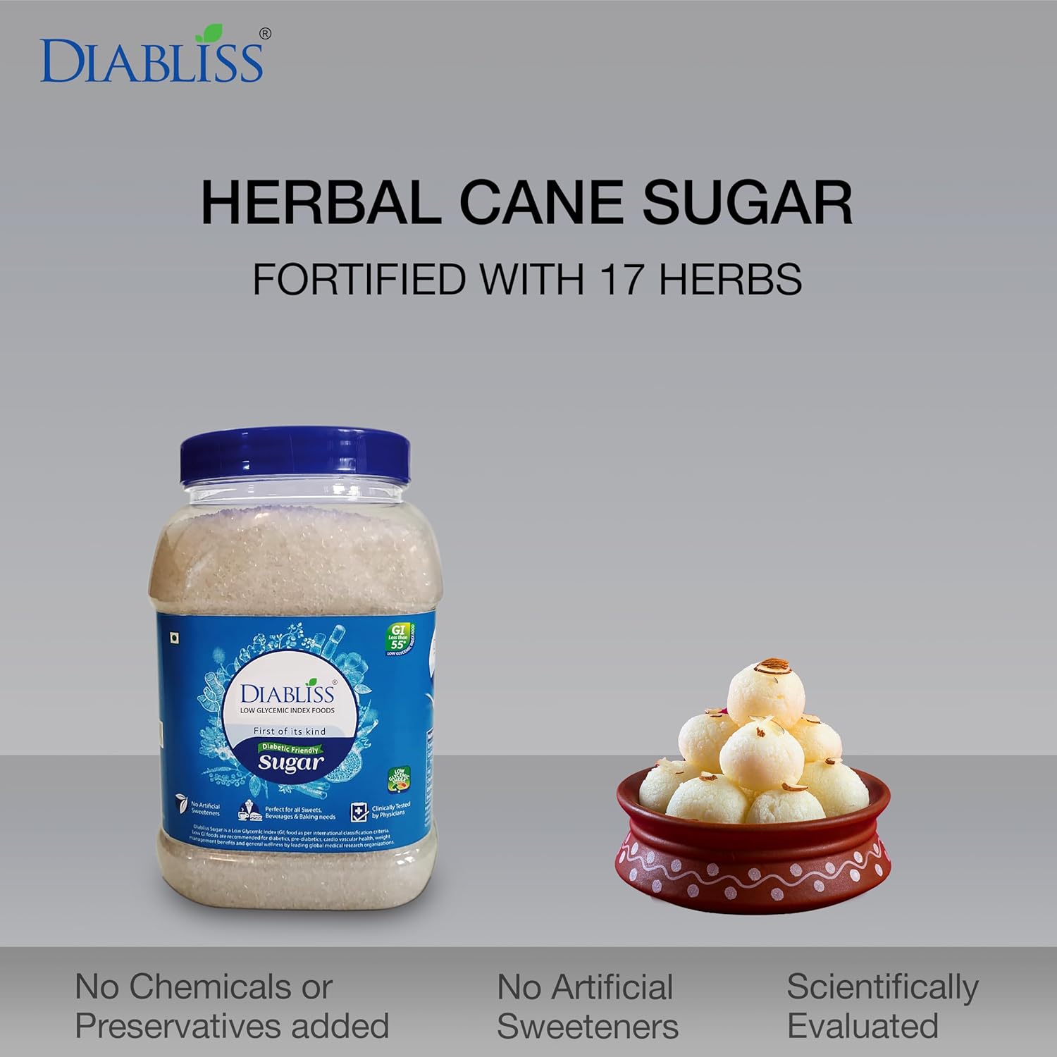 Diabetic Friendly Herbal Cane Sugar - Free from Chemicals/Artificial Sweeteners - Low Glycemic Index (GI) - 1Kg Reusable Jar (1) - Image 2