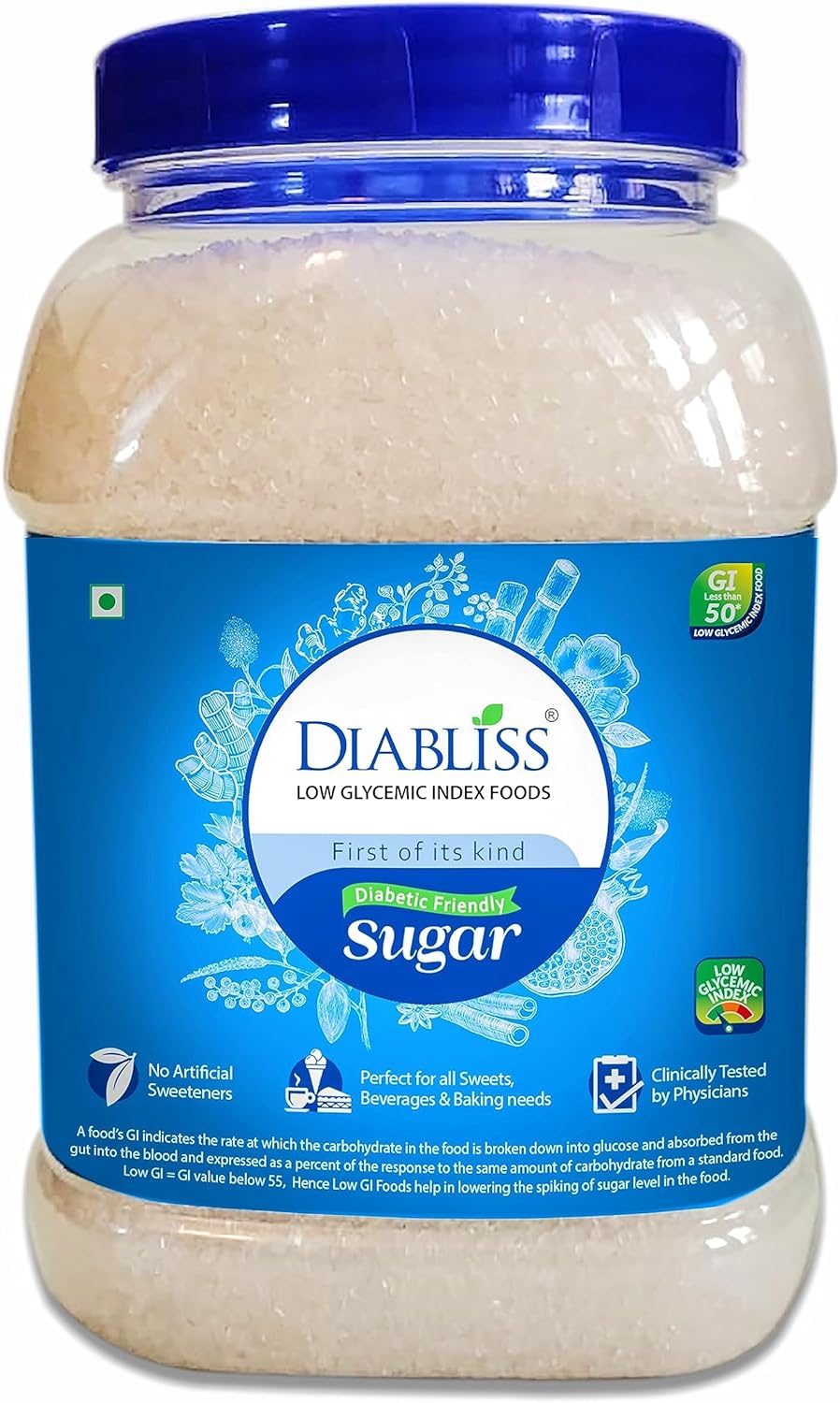 Diabetic Friendly Herbal Cane Sugar - Free from Chemicals/Artificial Sweeteners - Low Glycemic Index (GI) - 1Kg Reusable Jar (1)