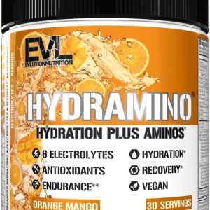 Evlution Nutrition HYDRAMINO Complete Hydration Multiplier, All 6 Electrolytes, Vitamin C & B, Fluid Boosting Aminos, Coconut Water, Endurance, Recovery, Antioxidants, 30 Serve, Orange Mango