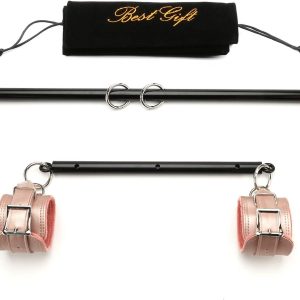 Expandable Spreader Bar with 4 Fur Red Adjustable Straps Home Gyms Exercise Indoor Fitness Equipment Tools Set with Fur Flocking Storage Bag(Black+Pink Kit)