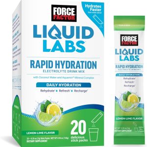 FORCE FACTOR Liquid Labs Electrolytes Powder Packets—Lemon Lime—Hydration Packets to Make Electrolyte Water with 5 Essential Electrolytes, Vitamins, Minerals, and Antioxidants, 20 Stick Packs