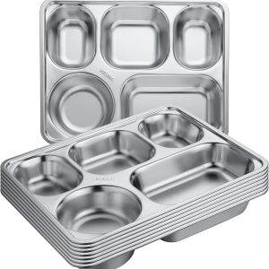 Foaincore 8 Pack Stainless Steel Divided Plates Rectangular Portion Control Plates with 5 Compartments Unbreakable Metal Food Tray for Lunch, Dinner, Camping, Heavy Gauge
