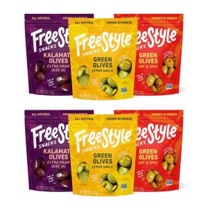 Freestyle Snacks Olive Snack Packs – Fresh Pitted Kalamata & Green Olives, Jumbo-Sized, Grown in Greece, Salty Snack, All Natural, Non-GMO, Paleo, Sugar-Free, Keto Snacks – Variety Pack, 4oz (6 Pack)