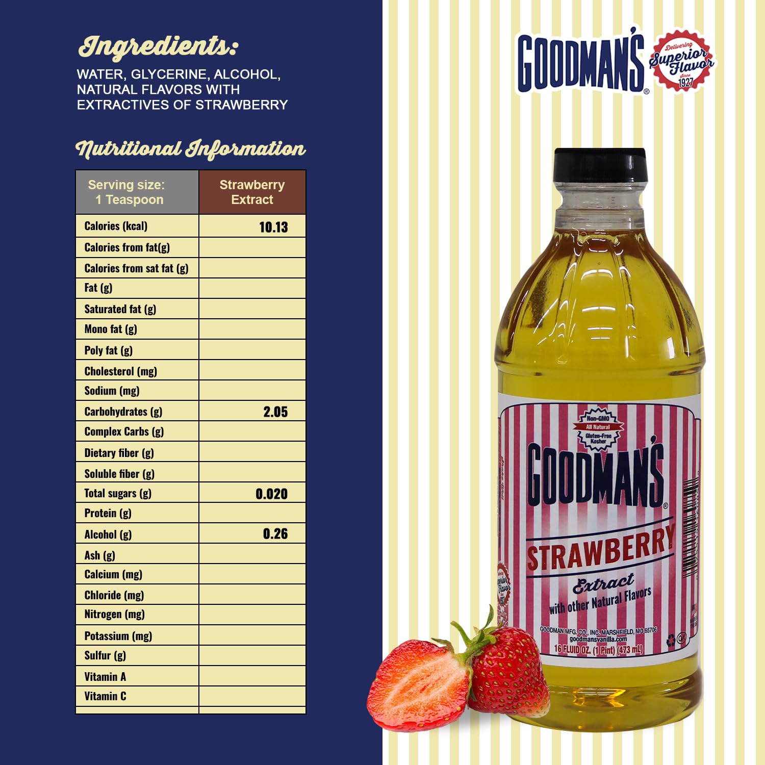 Goodman's Natural Strawberry Extract - Gluten-Free, Non-GMO, Kosher, Low Carb & Low Calorie, Low Alcohol, No Artificial Color, No Animal Products, No Sugar -Enhances Baking, Drinks & Desserts - 1 Pint - Image 2