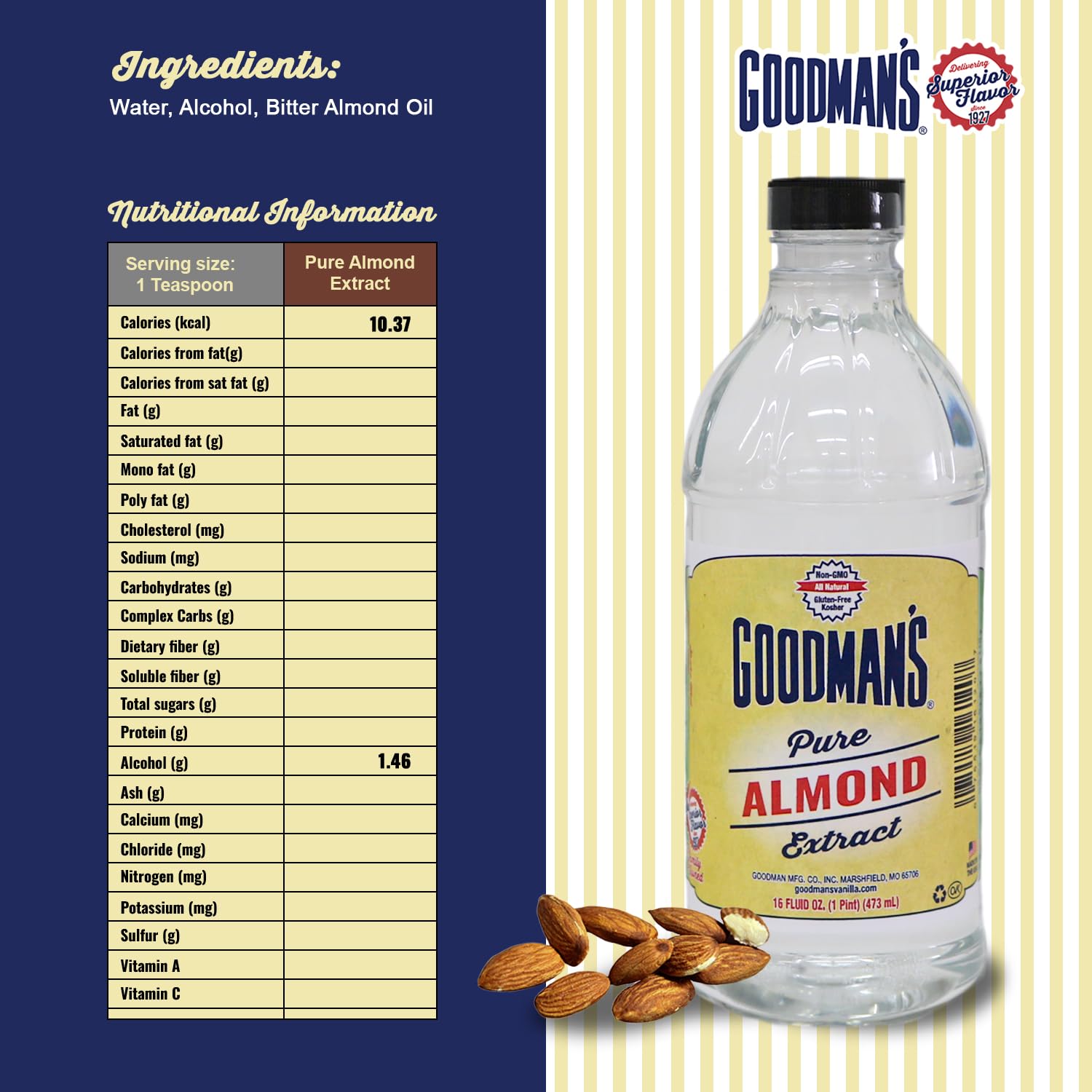 Goodman's Pure Almond Extract - Gluten-Free, Non-GMO, Kosher, Low Carb & Low Calorie - Ideal for Baking, Cooking, and Beverages - No Artificial Colors, No Animal Products, No Sugar (16oz Bottle) - Image 2