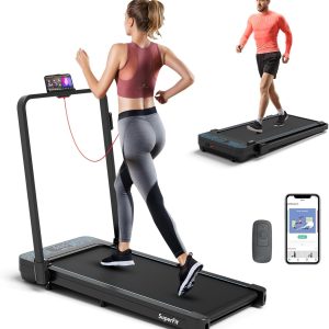 Goplus 2 in 1 Folding Treadmill, 300 LBS Capacity Walking Pad with Handle Bar, Under Desk Treadmill with Remote & APP Control and LED Display, Foldable Portable Treadmills for Home Small, Office