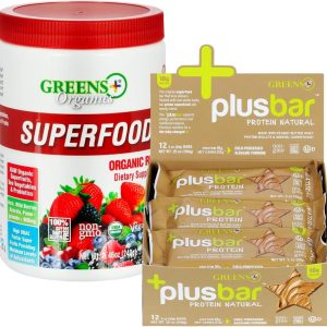 Greens+ Organic Reds Superfood Powder Soy/Dairy/Gluten Free with 12 Bars Plusbar Protein Natural Gluten Free Whey Protein Bar