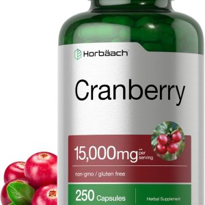 Horbäach Cranberry Pills + Vitamin C | 15,000mg | 250 Capsules | Non-GMO and Gluten Free Supplement from Concentrate Extract