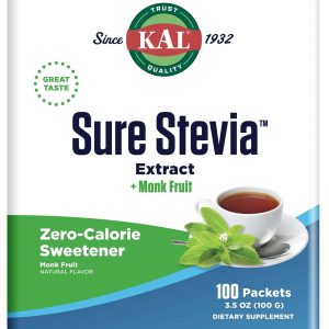 KAL Sure Stevia Plus Monk Fruit Sweetener – Great Tasting, Zero Calorie Sugar Free Sweetener – Low Glycemic, Perfect for a Keto Diet or Low Carb Diet, 60-Day Guarantee, 3.5oz, 100 Single-Serve Packets