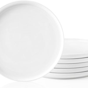 Kanwone Porcelain Dessert Salad Plates – 8 Inch – Set of 6, White, Microwave and Dishwasher Safe Plates, White Dishes, Morden Plates