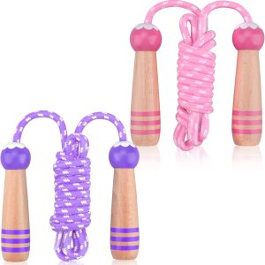 Lorvain Jump Rope for Kids, Adjustable Kids Jump Ropes for Girls Boys Toddler Fitness, Cotton Skipping Rope with Wooden Handle for Outdoor Fun Activities Exercise – 2 Pack