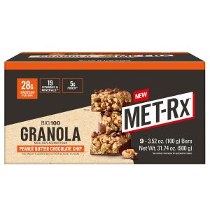 MET-Rx Big 100 Granola Protein Bar, Meal Replacement Bar, 32G Protein,Peanut Butter Chocolate Chip, Pack of 9