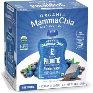 Mamma Chia Organic Prebiotic Squeeze Snack, Blueberry Acai, Fiber-Rich Prebiotic Gut Support, USDA Certified Organic, Non-GMO, Vegan, Gluten Free, 14 Ounce (Pack of 6)