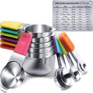 Measuring Cups, U-Taste Magnetic Measuring Cups and Spoons Set of 13 in 18/8 Stainless Steel: 7 Measuring Cups and 5 Measuring Spoons with 1 Professional Magnetic Measurement Conversion Chart