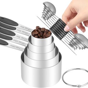 Measuring Cups and Spoons Set,Includes 5 Stainless Steel Nesting Measuring Cups, 7 Measuring Spoons, 1 Leveler, for Dry & Liquid Ingredients(Black)