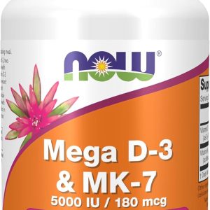 NOW Foods Supplements, Mega D-3 & MK-7 with Vitamins D-3 & K-2, 5,000 IU/180 mcg, Bone & Cardiovascular Support*, 60 Veg Capsules