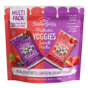 Nature’s Garden Probiotic Yoggies Multi Pack, 21oz (Strawberry Yoggies 15×0.7 oz +Mixed Berry Yoggies 15×0.7 oz), Strawberry and Mixed Berry Yogurt Covered Snack, High Fiber, Real Fruit Pieces, No Artificial Ingredients, Healthy Snack for Adults
