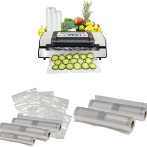 Nesco Deluxe Food VS-12 Vacuum Sealer, 130 Watts & Nesco VS-07V Vacuum Sealer Bag Variety Pack & NESCO Vacuum Sealer Bags 8″ x 20″, Use for Sous Vide or Meal Prep