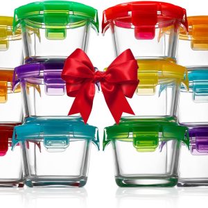 NutriChef 24-Piece (12 Glass Food Storage Containers and 12 Lids), 4.48oz Mini Stackable Meal Prep Round Containers – Microwave, Freezer, & Dishwasher Safe For Baby Food, Snacks, Fruits, Nuts & More