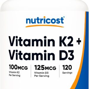 Nutricost Vitamin K2 (MK7) (100mcg) + Vitamin D3 (5000 IU) 120 Softgels – Gluten Free and Non-GMO