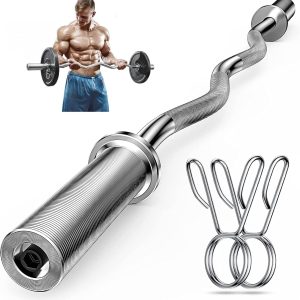 Olympic Barbell Curl Bar, 47” Strength Training EZ Bar, 370 lbs Weight Capacity for 2” Weight Plates for Biceps Curl, Squat, Weightlifting with 2 Spring Collars