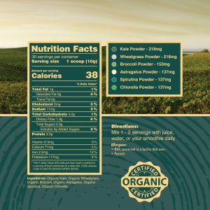 Organic Greens Superfood Powder, USA Grown – Kale, Alfalfa Grass, Wheatgrass, Barley Grass, Astragalus, Spirulina, Oat Grass & Chlorella, USA Grown (10.6 oz, 1 Month Supply)