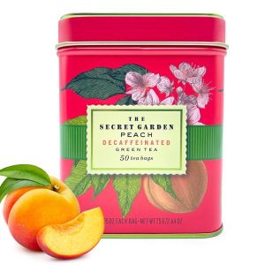 Premium Decaf Peach Herbal Green Tea Bags 50 Pack Designer Tin, Eco-Friendly, Sugar Free, Keto & Diabetic Friendly Full Bodied Aromatic Flavor Family Share Size Bulk Teabags (50-Count)