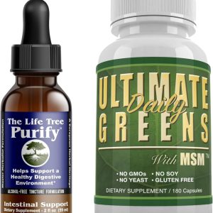 Purify Intestinal Cleanse & Microbial Support Tincture Formula (2 fl oz) & Ultimate Greens Superfood with MSM 1925mg Vegan Friendly Alkalizing Immune Support Supplement (180 Capsules)