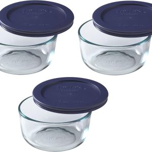Pyrex 2 Cup Storage Round Container with Dark Blue Plastic Lids – Original Genuine Pyrex -Made in the USA – 3 Pack