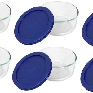 Pyrex Storage 2-Cup Round Dish, Clear with Blue Lid Case of 6 Containers