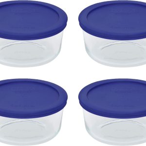 Pyrex Storage 4 Cup Round Dish, Clear with Blue Lid – Original Genuine Pyrex – Pack of 4 Containers