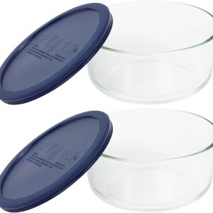 Pyrex Storage 4-Cup Round Dish with Dark Blue Plastic Cover, Clear (Pack of 2 Containers)
