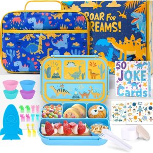 QQKO Bento Box for Kids with Insulated Lunch Bag, Kids Toddler Lunch Box Containers for Boys, School Dinosaur lunch Box Set with 4 Compartments, Ice Packs, Utensils, Sauce Container, Muffin Cups