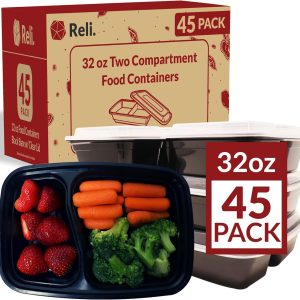 Reli. Meal Prep Containers 32 oz. | 45 Pack | 2 Compartment Food Container w/Lids | Microwavable Food Storage, To Go | Black Reusable Bento Box/Lunch Box for Meal Prep