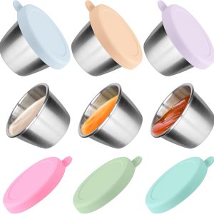 Salad Dressing Container To Go, 6×2.4 oz Small Containers with Lids, Reusable Sauce Containers for Lunch Box, 18/8 Stainless Steel Condiment Cup, Easy to Open, Leakproof Dipping Sauce Cups