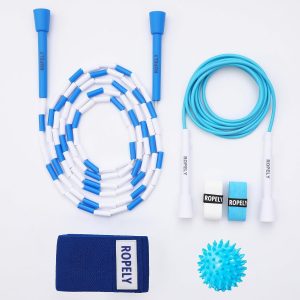 Skipping Rope 6-in-1 Jump Rope Set Beginner Friendly with Tangle Free Segmented Beaded Rope, PVC Rope, Massage Ball, Resistance Band, and Handle Tapes, Adjustable Length
