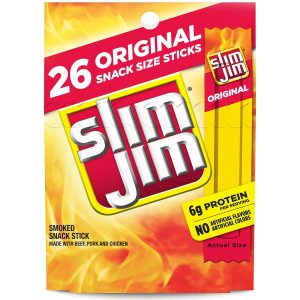 Slim Jim Smoked Meat Sticks, Original Flavor, 6g Protein Per Serving, Snack Size, 0.28 oz. (26 Count)