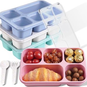 Snack Bento Box Reusable – 4 Pack Divided Snack Containers, 5-Compartments Snackle Box for School Work Travel, Microwave Dishwasher Safe