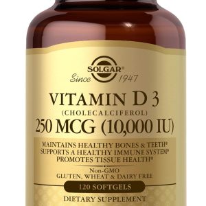 Solgar Vitamin D3 (Cholecalciferol) 250 MCG (10,000 IU), 120 Softgels – Helps Maintain Healthy Bones & Teeth – Immune System Support – Non GMO, Gluten Free, Dairy Free – 120 Servings